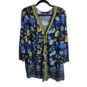Susan Graver Weekend Size 2X Button Front Tunic Blouse Floral Blue Kimono Boho